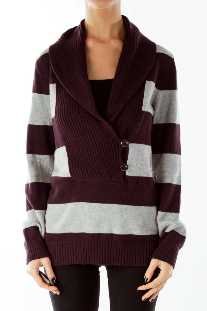 Purple Gray Striped V-Neck Buttoned Sweater