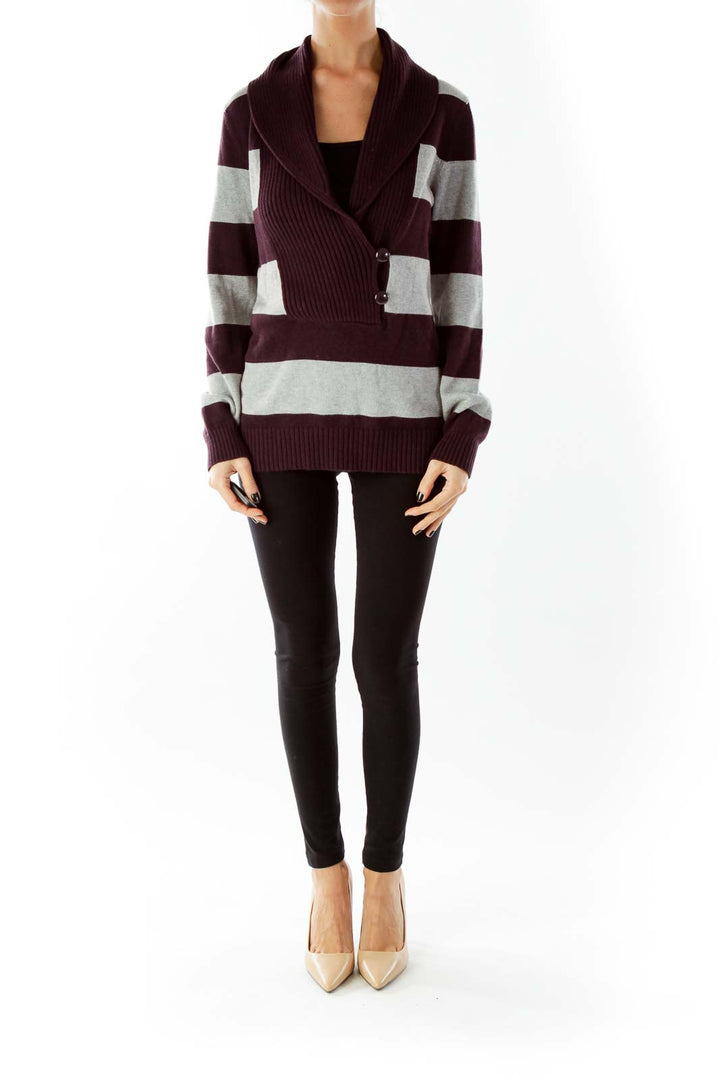 Purple Gray Striped V-Neck Buttoned Sweater