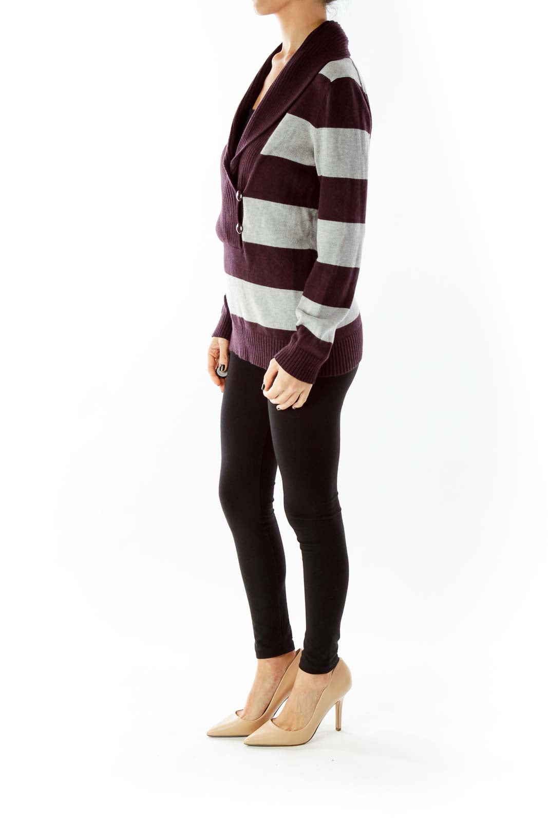 Purple Gray Striped V-Neck Buttoned Sweater