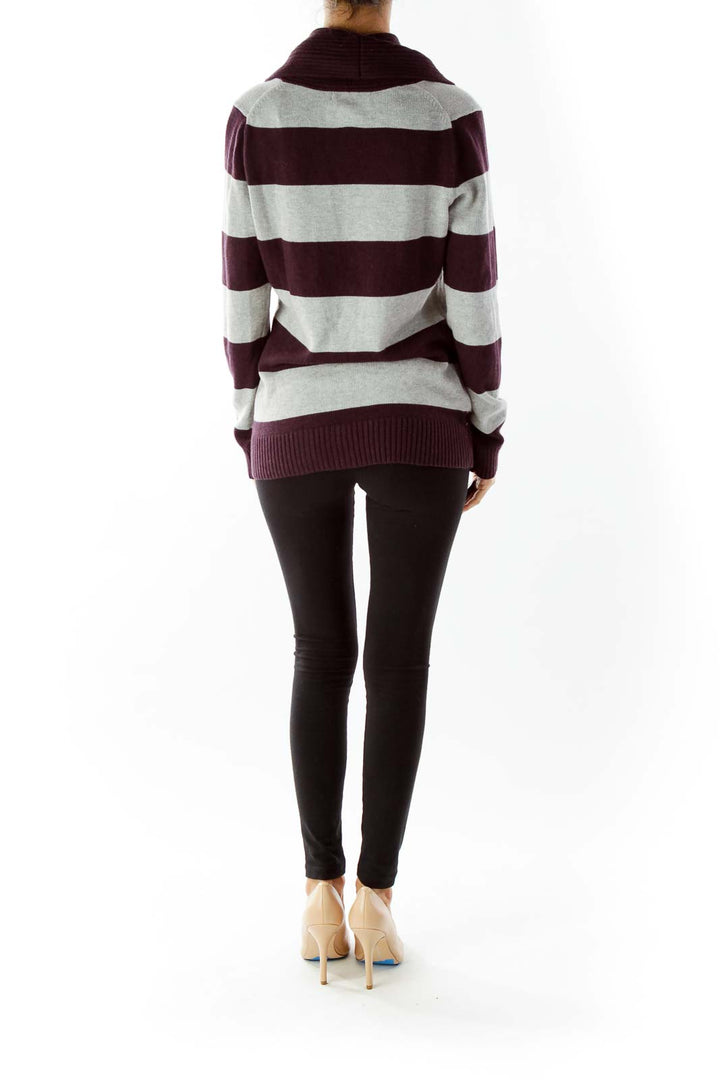 Purple Gray Striped V-Neck Buttoned Sweater