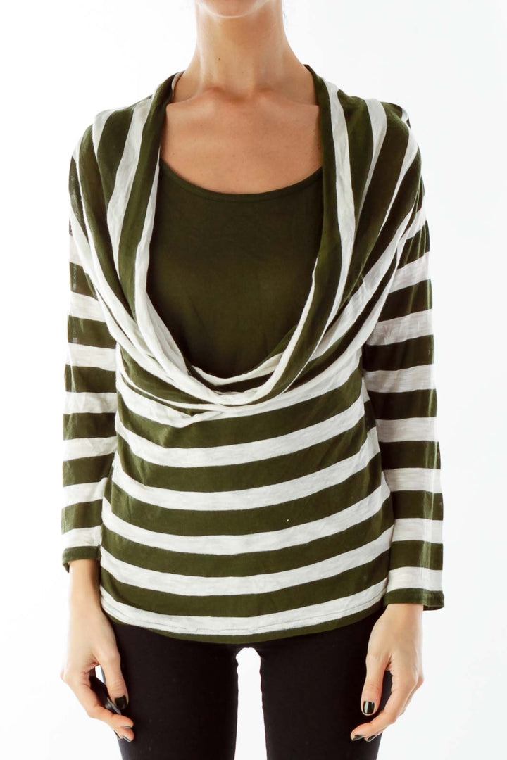 Green Beige Stripped Loose Layered Knit Top