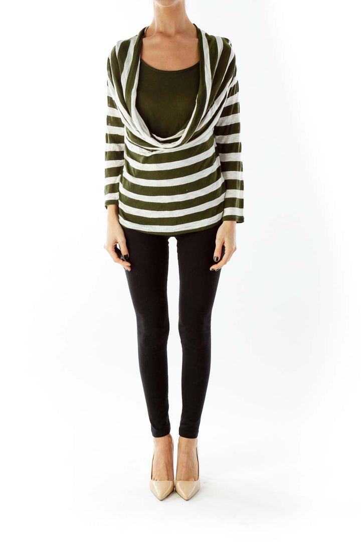 Green Beige Stripped Loose Layered Knit Top