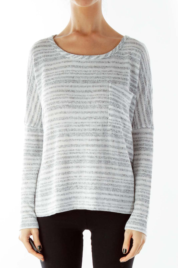 Gray Beige Striped Pocketed Loose Knit Top