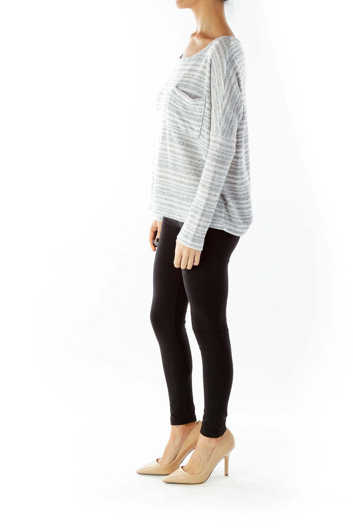 Gray Beige Striped Pocketed Loose Knit Top