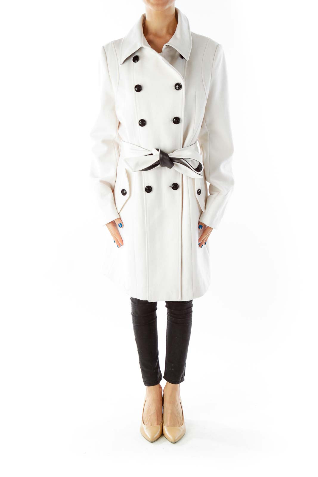 Cream Belted Double-Breasted Coat