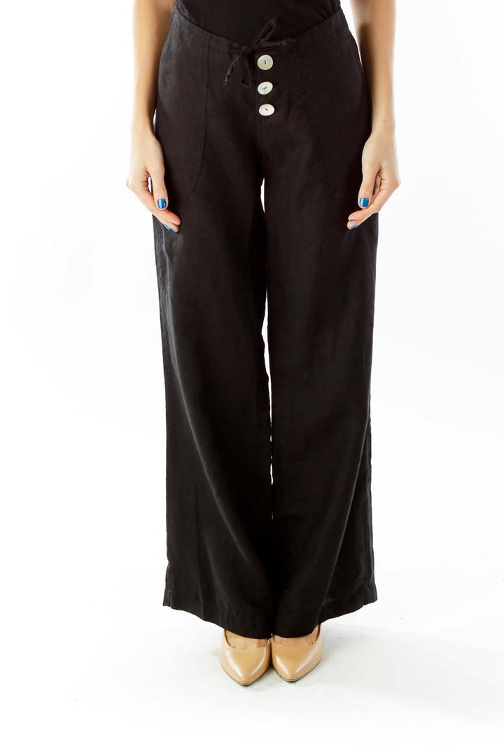 Black Button Fly Linen High-Waisted Wide-Leg Pants