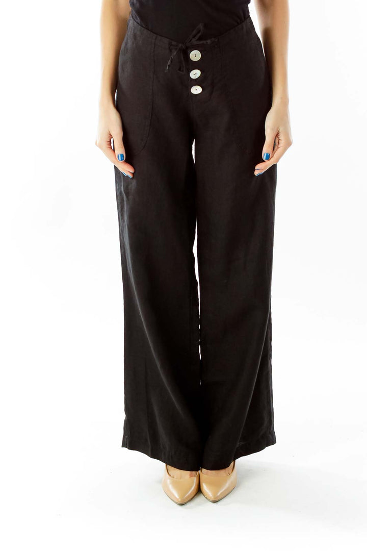 Black Button Fly Linen High-Waisted Wide-Leg Pants