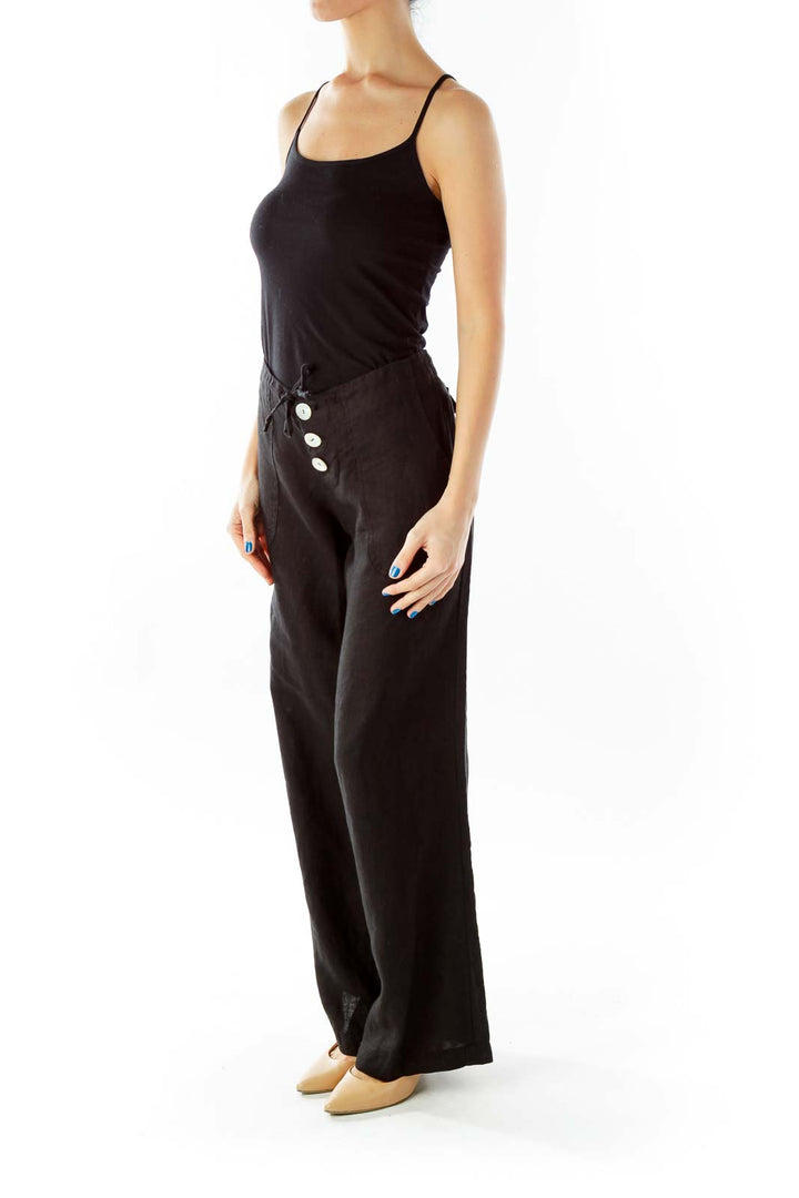 Black Button Fly Linen High-Waisted Wide-Leg Pants