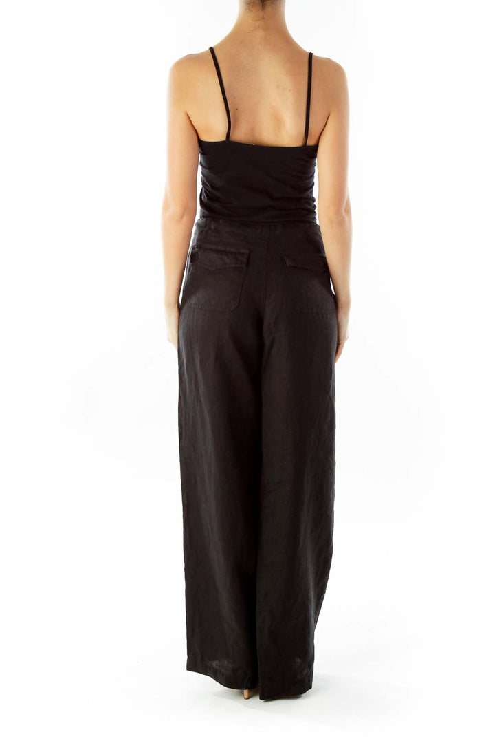 Black Button Fly Linen High-Waisted Wide-Leg Pants