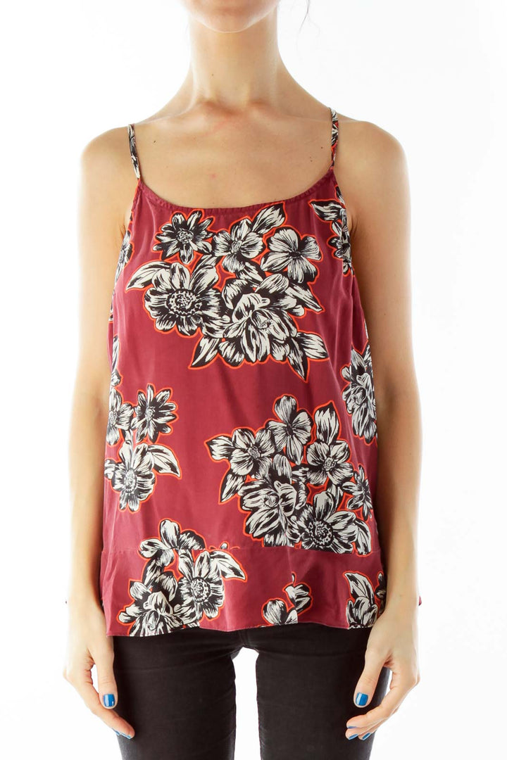 Wine White Black Spaghetti Strap Flower Print Top