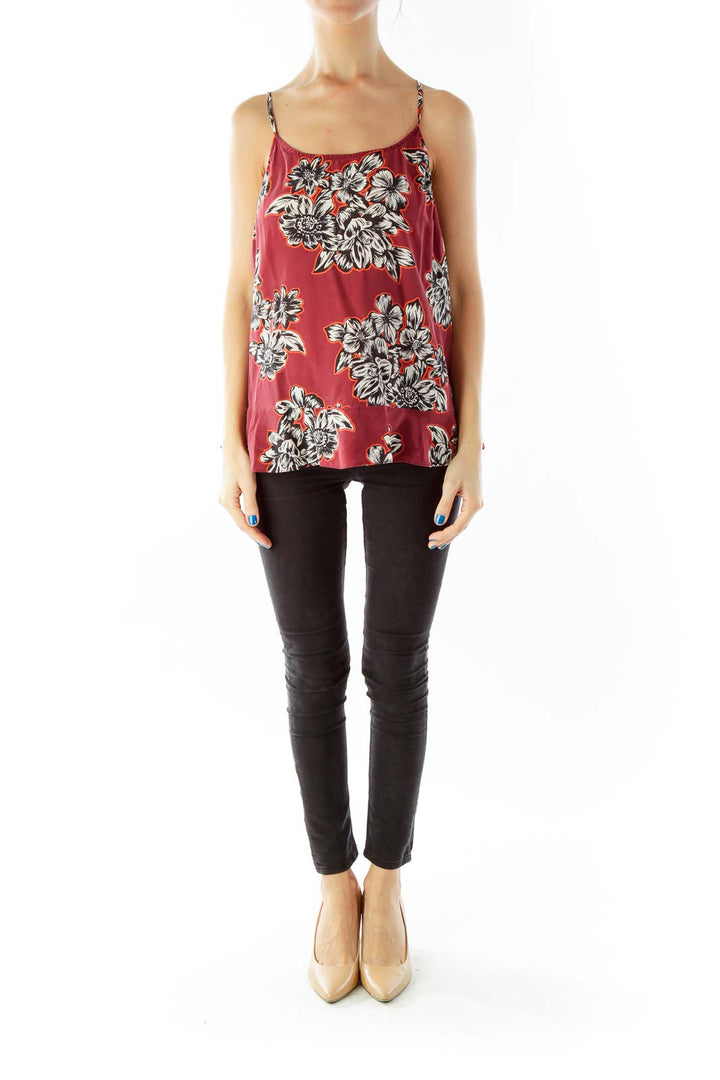 Wine White Black Spaghetti Strap Flower Print Top