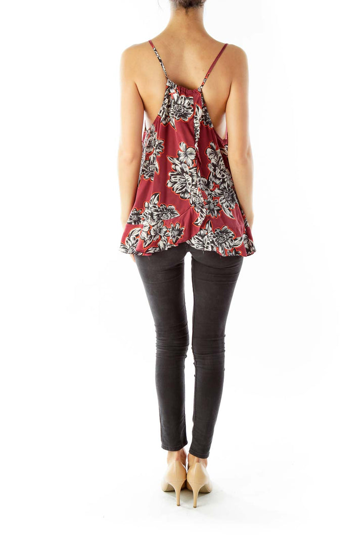 Wine White Black Spaghetti Strap Flower Print Top