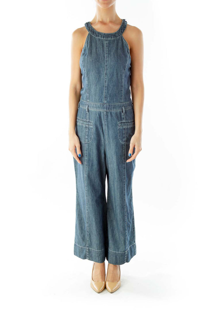 Blue Cropped Pocketed Wide-Leg Overall