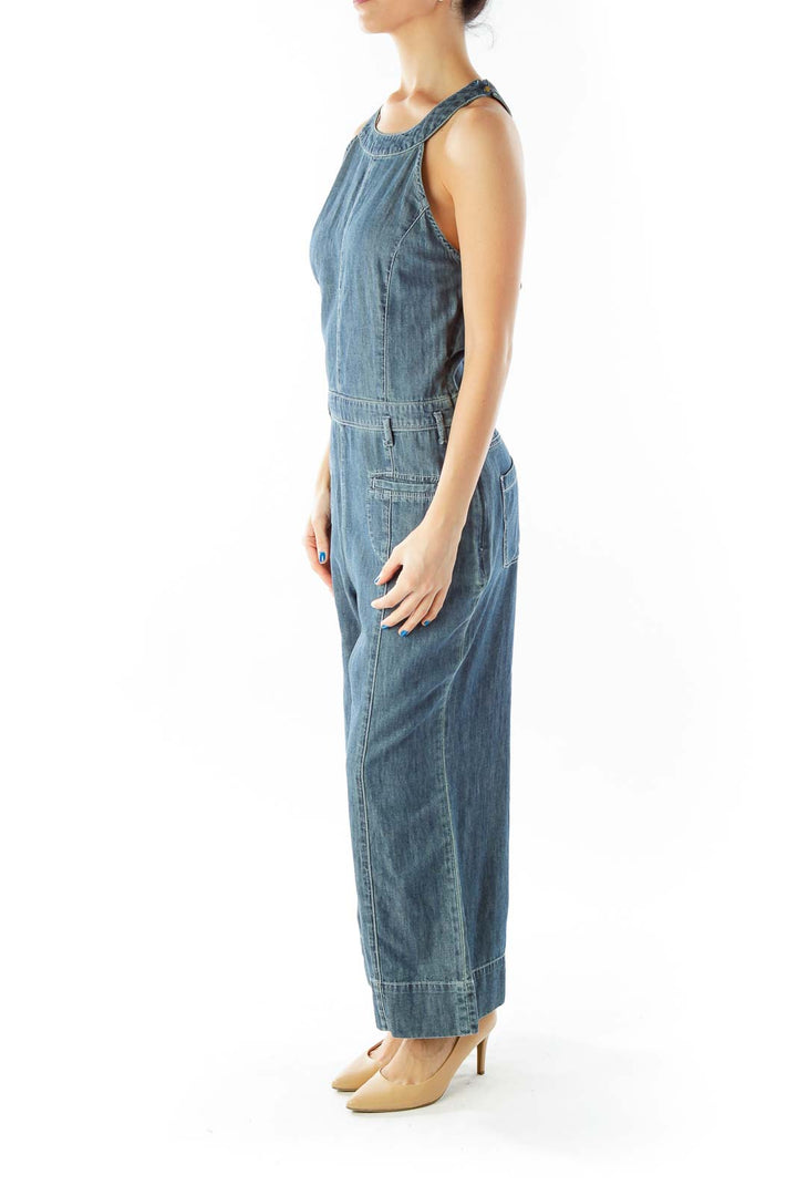 Blue Cropped Pocketed Wide-Leg Overall