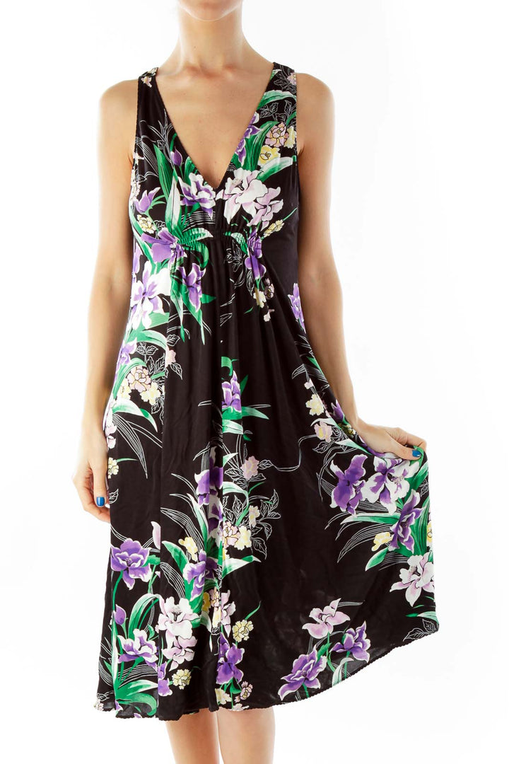 Black Multicolor Flower Print Loose V-Neck Dress