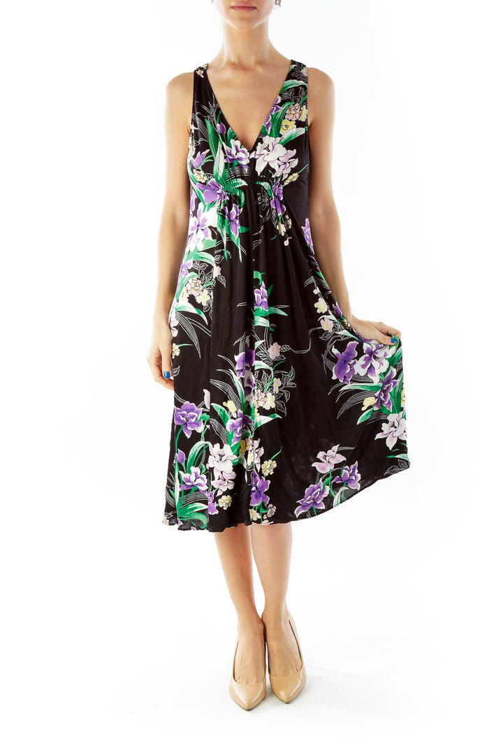 Black Multicolor Flower Print Loose V-Neck Dress