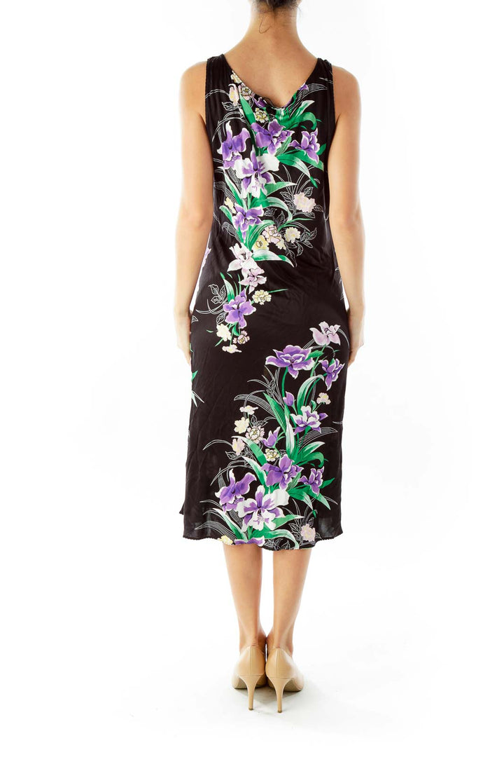 Black Multicolor Flower Print Loose V-Neck Dress