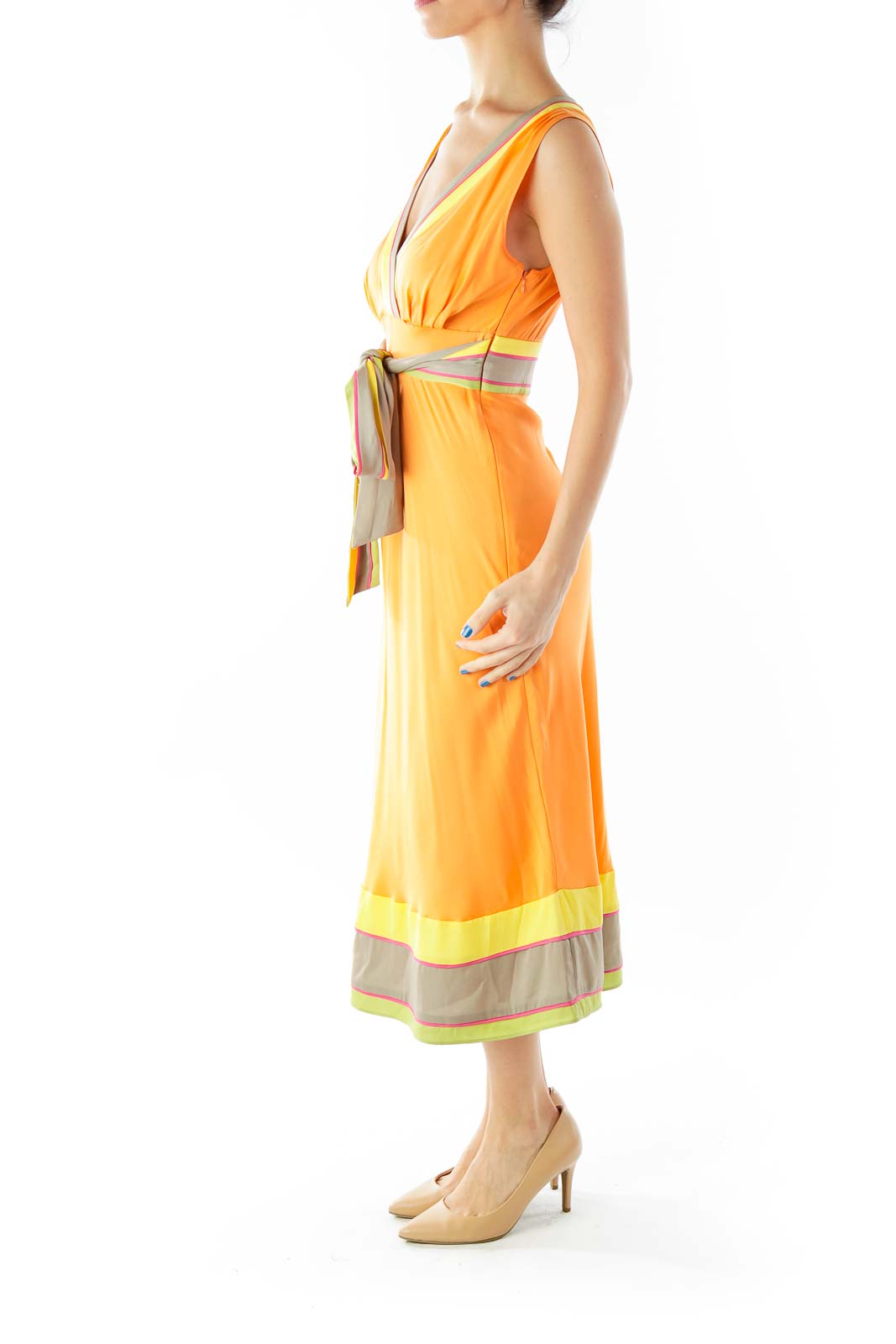 Orange Multicolor V-Neck Belted Day Dress