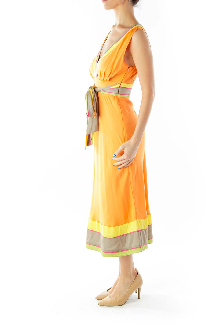 Orange Multicolor V-Neck Belted Day Dress