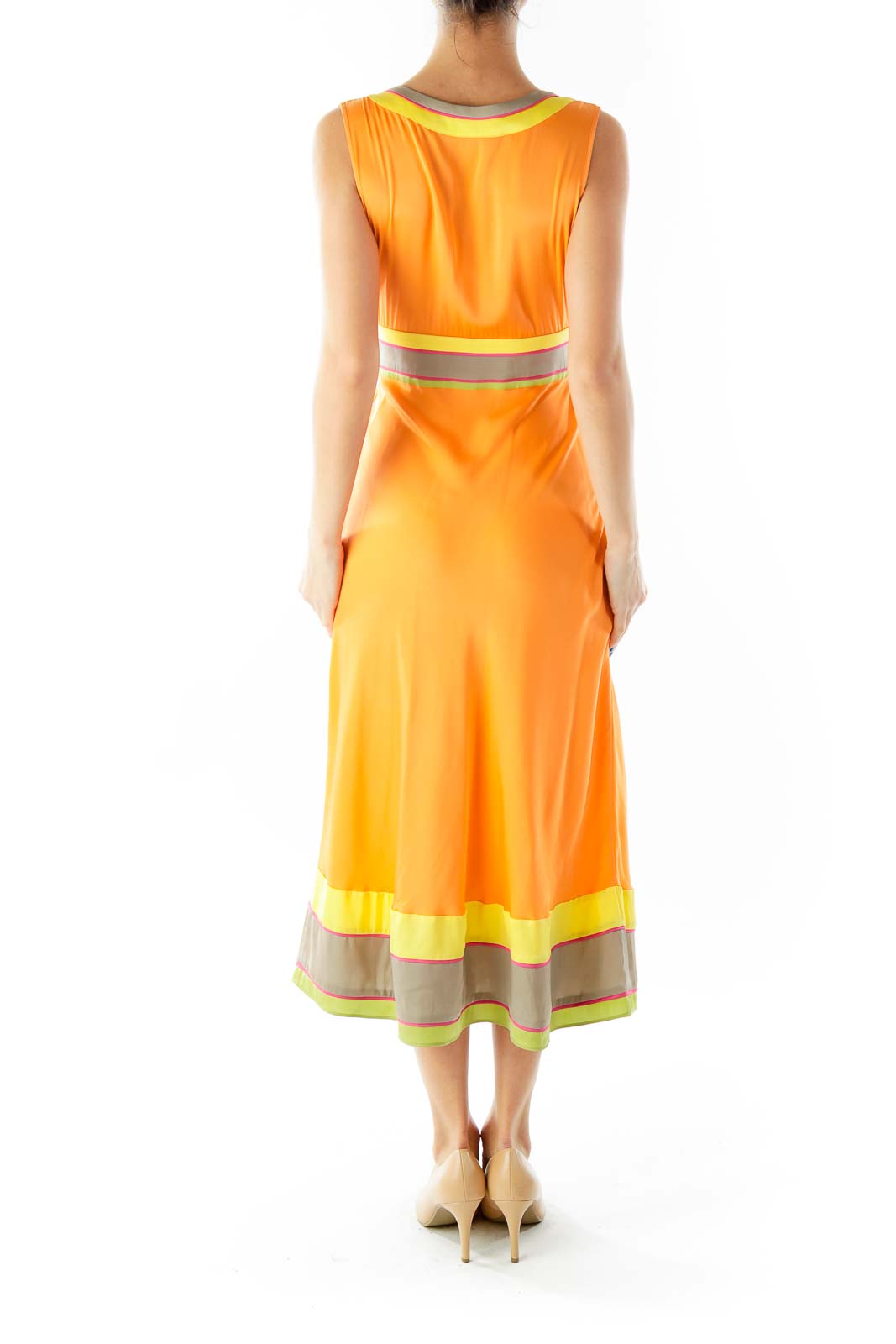 Orange Multicolor V-Neck Belted Day Dress