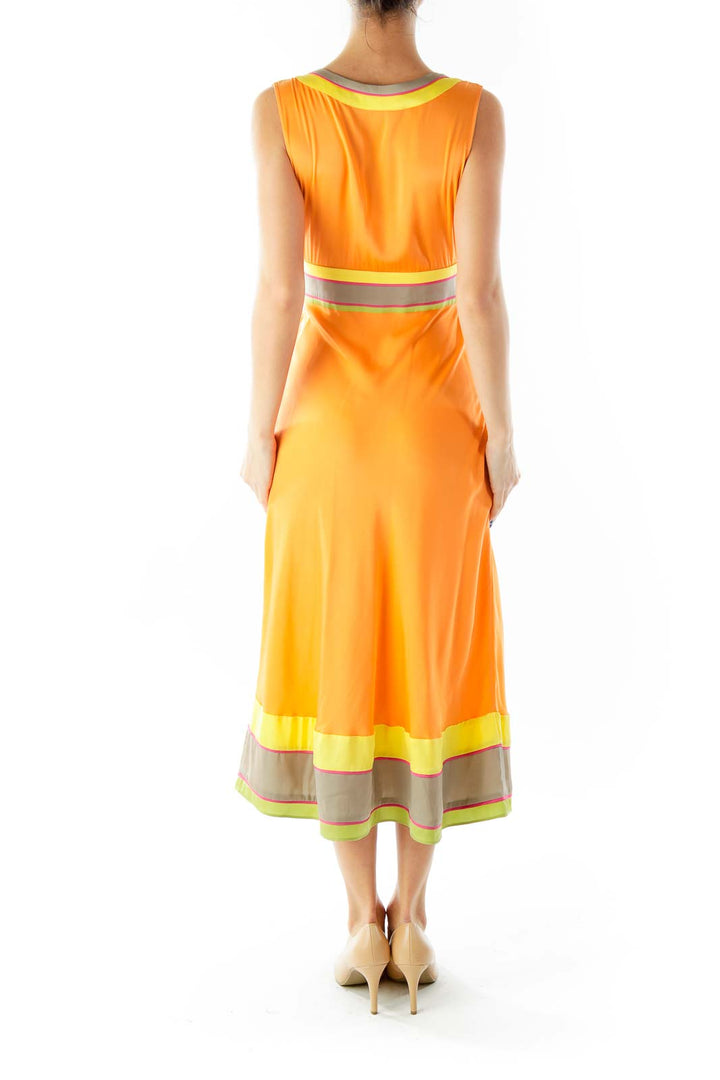 Orange Multicolor V-Neck Belted Day Dress