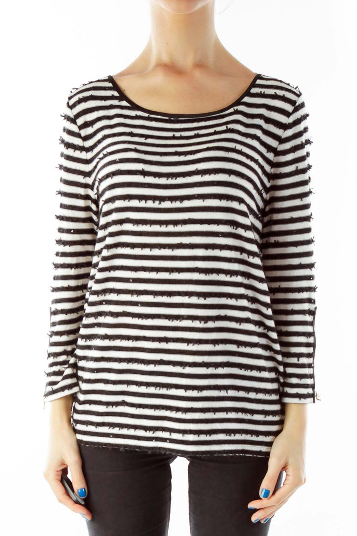 Black White Striped Zippered Three Quarter Sleeve Top