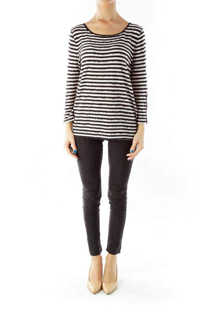 Black White Striped Zippered Three Quarter Sleeve Top