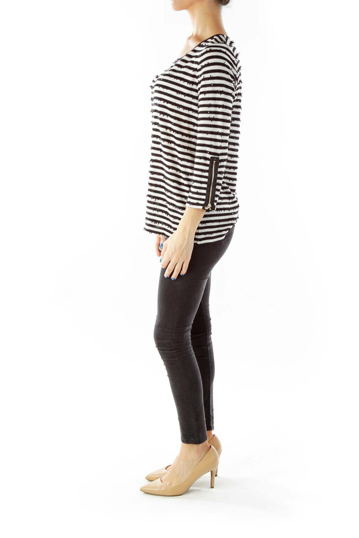 Black White Striped Zippered Three Quarter Sleeve Top