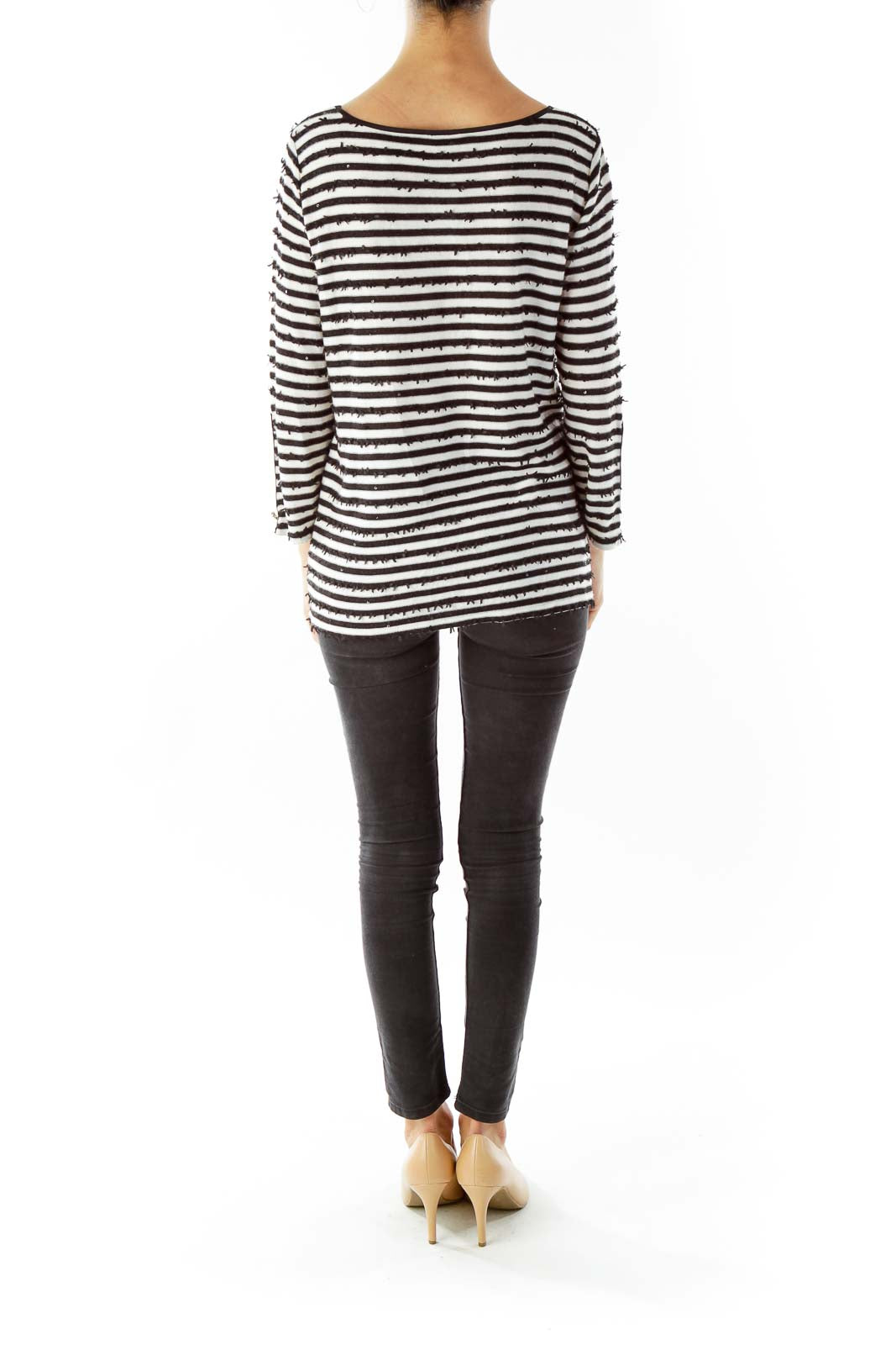 Black White Striped Zippered Three Quarter Sleeve Top