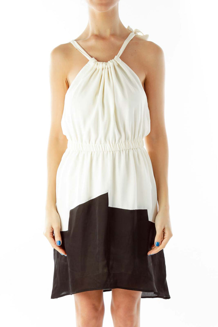 Cream Black Scrunched Sleeveless Day Dress