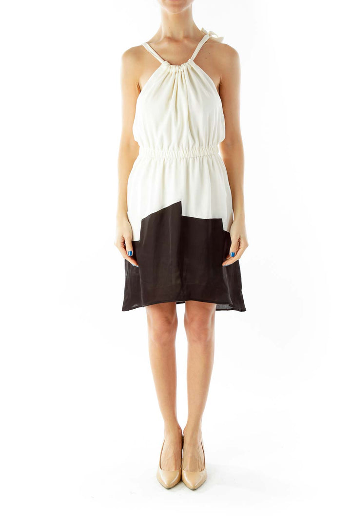 Cream Black Scrunched Sleeveless Day Dress