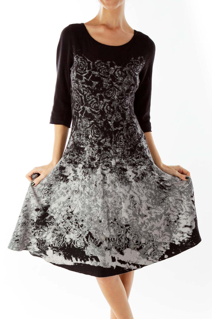 Black White Gray Floral Three Quarter Sleeve Knit Dress