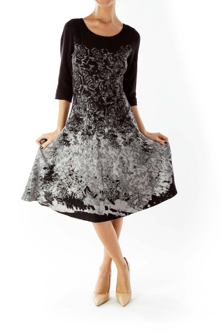 Black White Gray Floral Three Quarter Sleeve Knit Dress