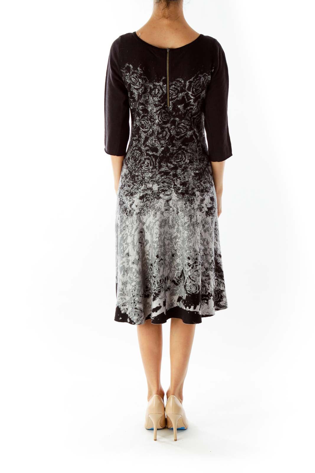 Black White Gray Floral Three Quarter Sleeve Knit Dress