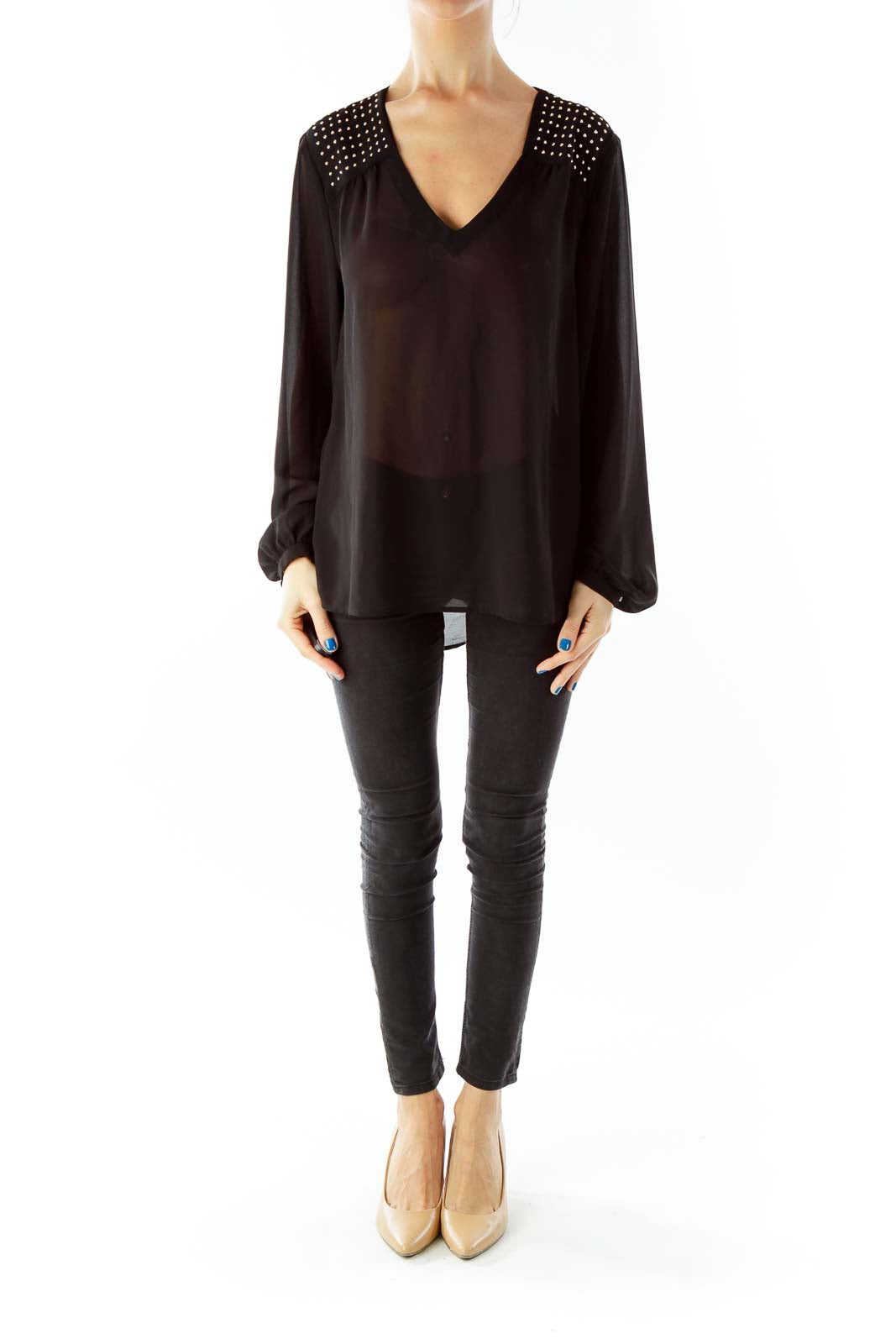 Black Studded See-Through V-Neck Blouse