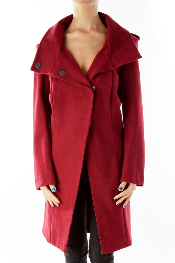 Wine Single Breasted Hooded Coat