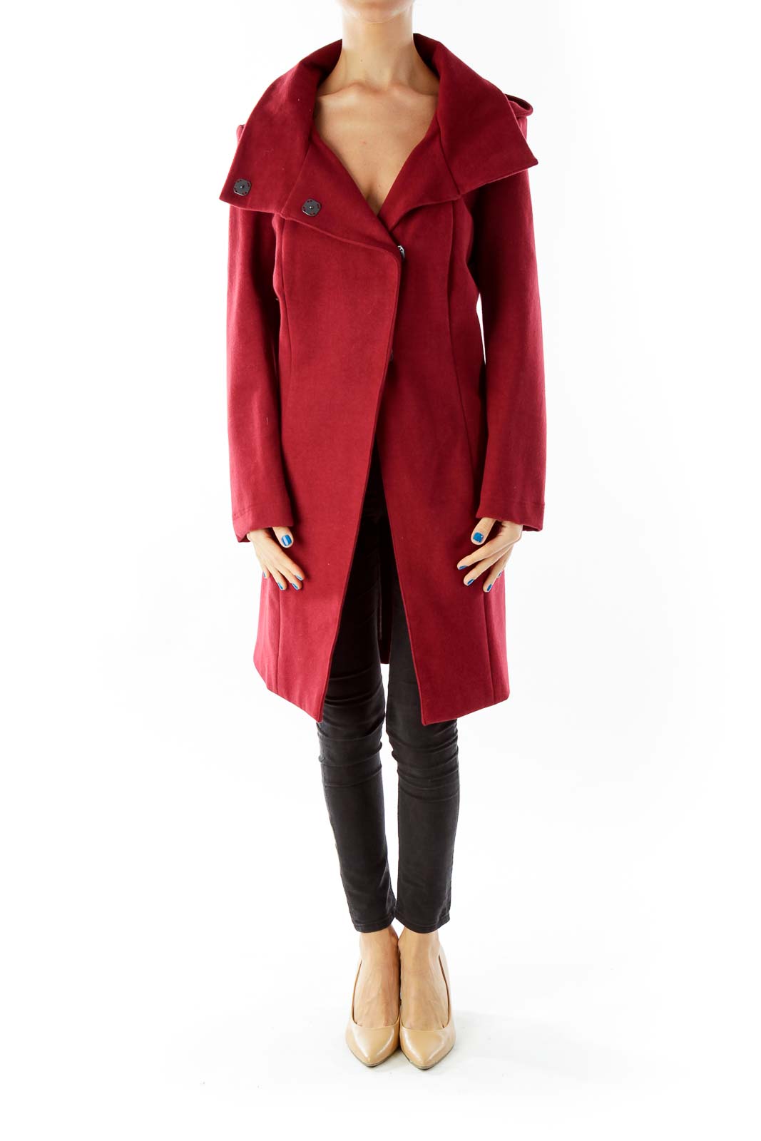 Wine Single Breasted Hooded Coat