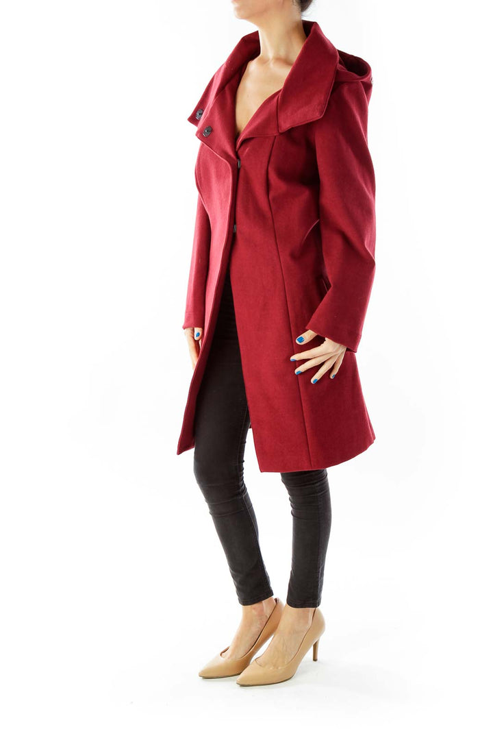 Wine Single Breasted Hooded Coat