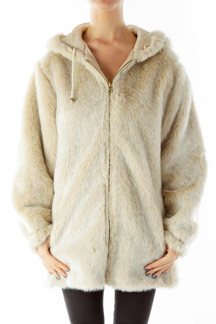 Beige Faux-Fur Hooded Jacket