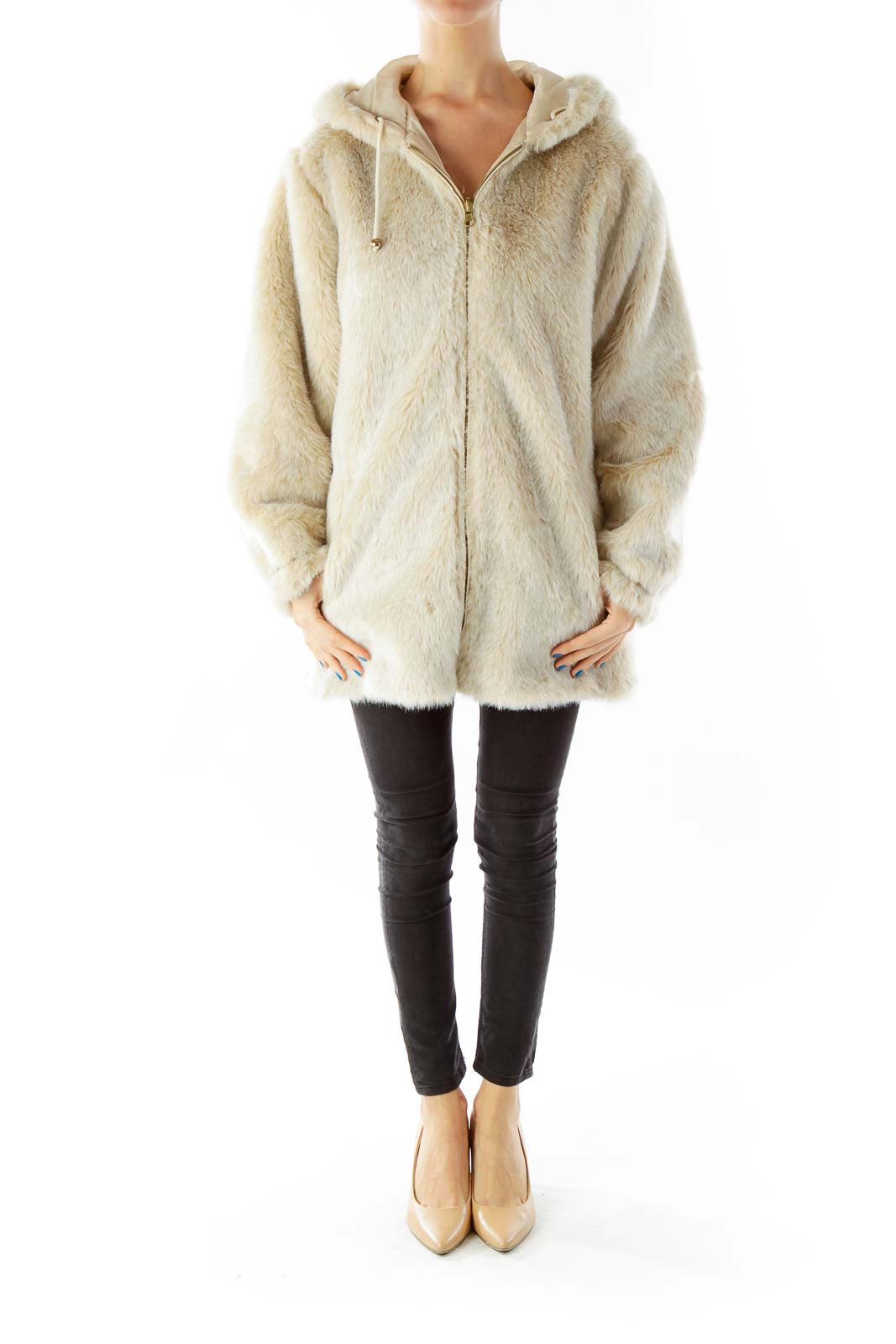 Beige Faux-Fur Hooded Jacket