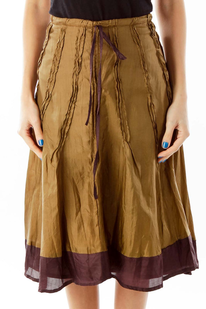 Brown Silk Flared Midi Skirt