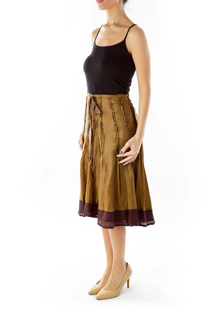 Brown Silk Flared Midi Skirt