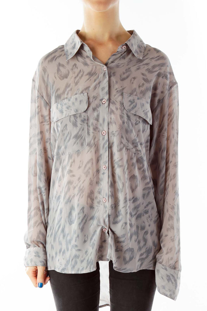 Taupe Pocketed Print Button Down Blouse