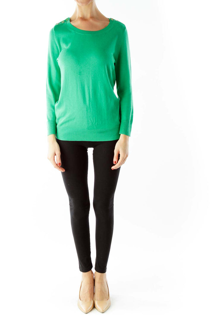 Green Buttoned Three Quarter Sleeve Knit Top