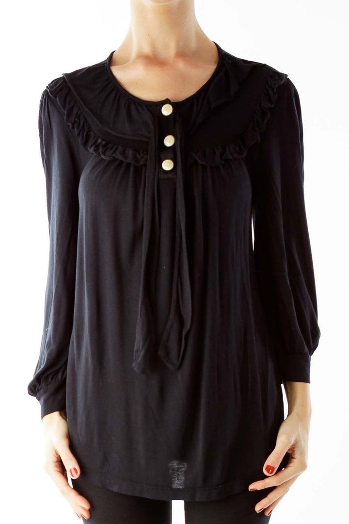 Black Three Quarter Sleeve Buttoned Bow Blouse