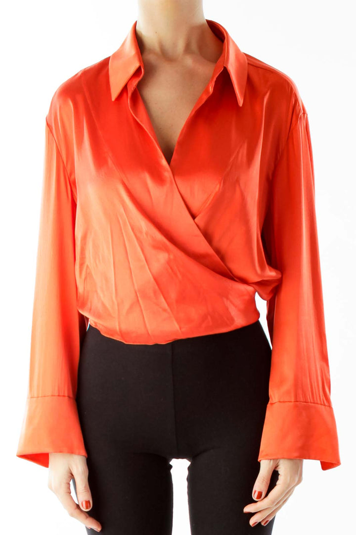 Orange Open Front Cropped Belted Blouse