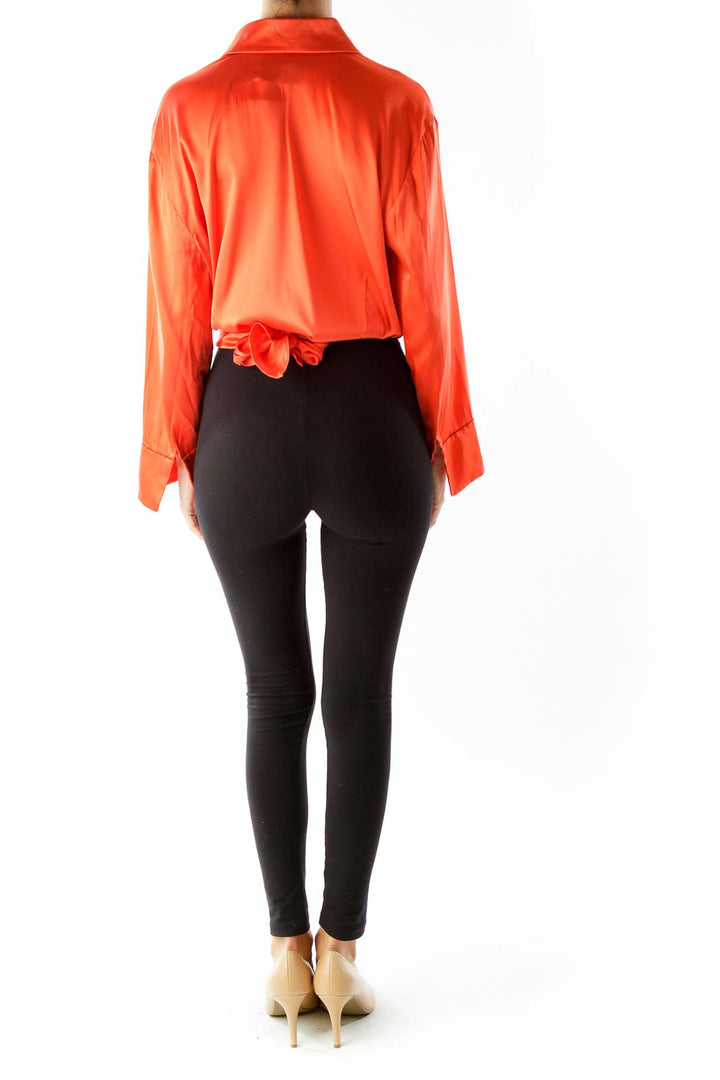 Orange Open Front Cropped Belted Blouse