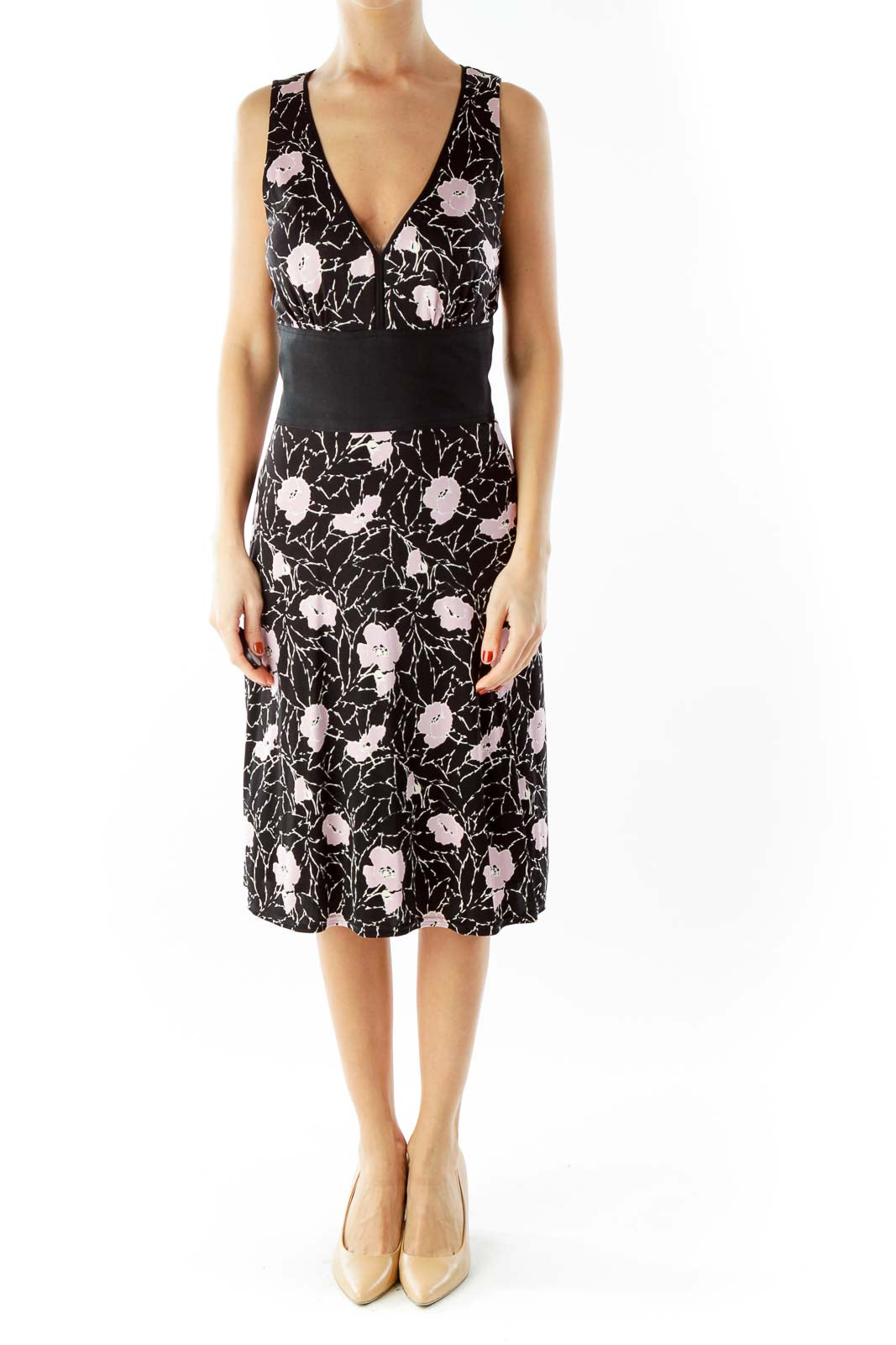 Black Pink White Flower Print Belted Day Dress