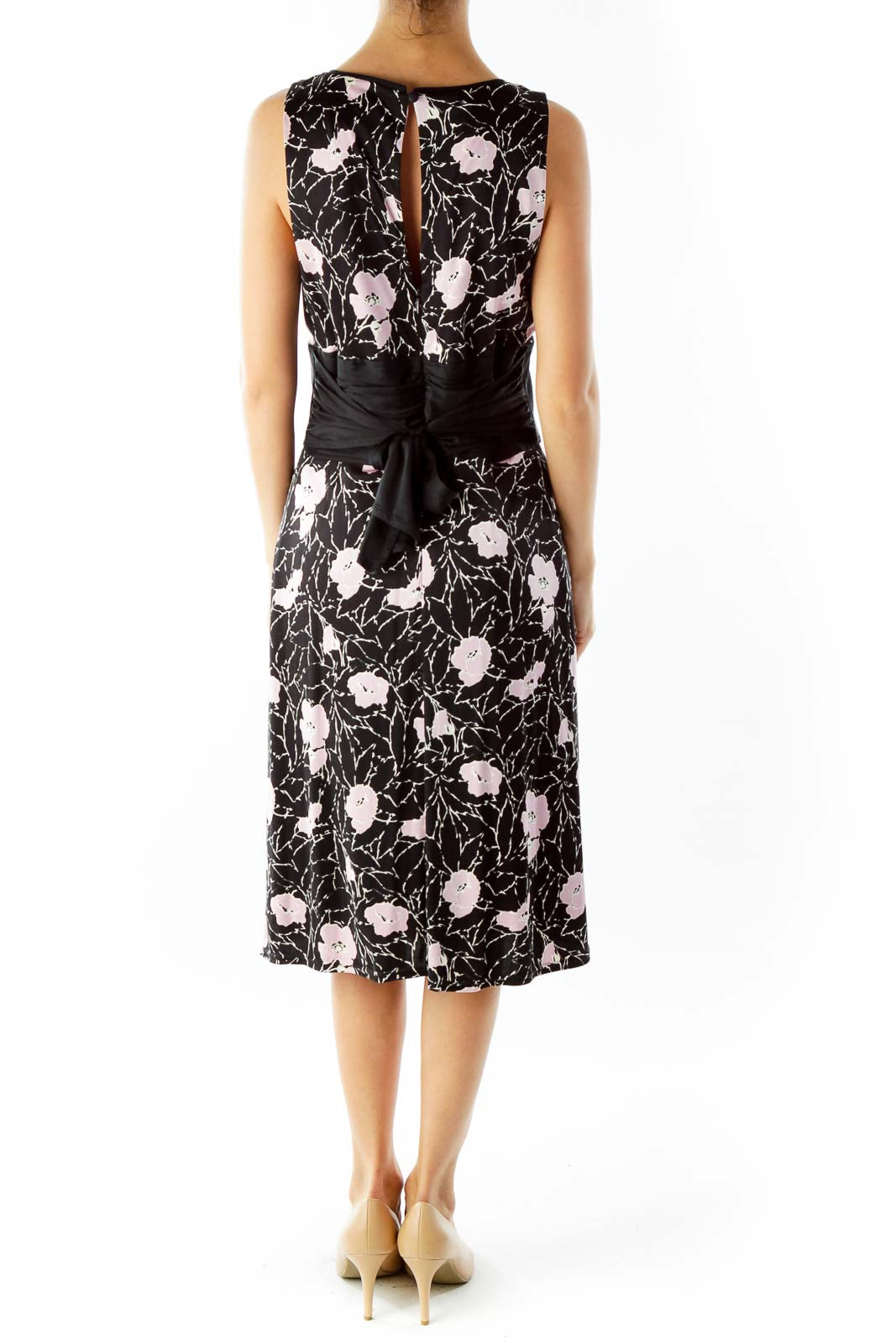 Black Pink White Flower Print Belted Day Dress