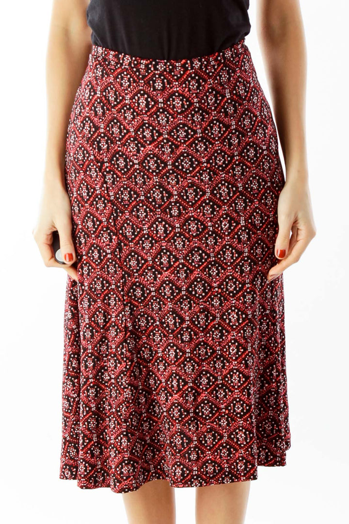 Red Black Geometric Print Flared Skirt